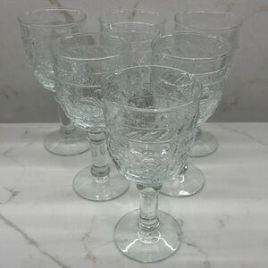6 Thick Clear Pressed Glass Water Wine Goblets with Acorns Possibly Pzaltgraff